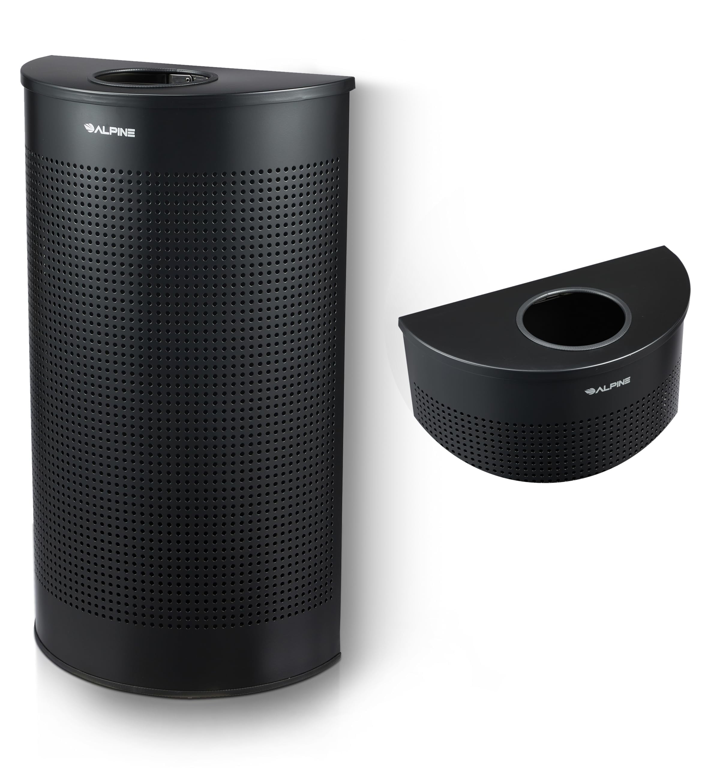 Alpine Half Round Trash Can Open Top - Modern Black Metal 12 Gallon Trash Can, Space Saving Indoor Commercial Trash Can, Perfect for Bathroom, Office, Lobby and Business.