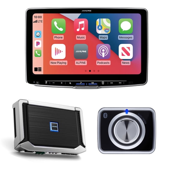 Alpine Halo11 ILX-F511 CarPlay/Android Auto Receiver with Alpine X-A90V 900W 5-CH Amp, and RUX-H02 Volume/Bass Knob