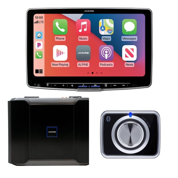 Alpine Halo9 ILX-F509 CarPlay/Android Auto Receiver with Alpine R-A75M 750W Mono Amp, and RUX-H02 Volume/Bass Knob