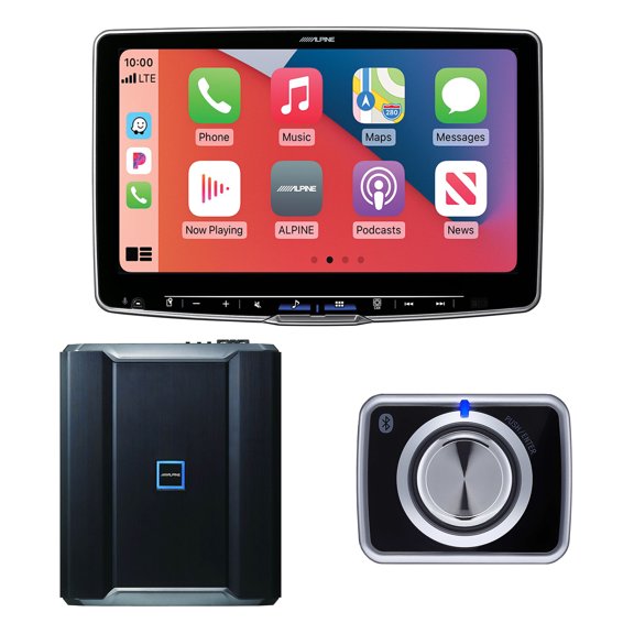 Alpine Halo9 ILX-F509 CarPlay/Android Auto Receiver with Alpine R-A90S 900W 6-CH Amp, and RUX-H02 Volume/Bass Knob