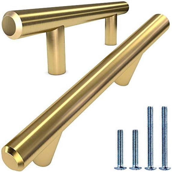 Alpine Hardware Solid Euro Style Bar Handle Pull | 10Pack ~3.75" Hole Center & 6.125" Length | Heavy Stainless Steel T-Bar Pull with a Gold Brass Finish | Cabinet Hardware