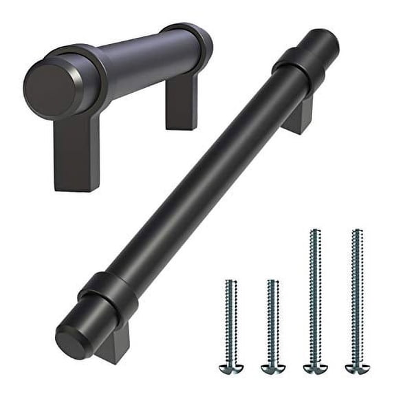 Alpine Hardware Solid Euro Style Bar Handle Pull | 25Pack ~ 5" Hole Center & 6 1/2" Length | Heavy Stainless Steel Banded T-Bar Pull with a Matte Black Finish | Cabinet Hardware