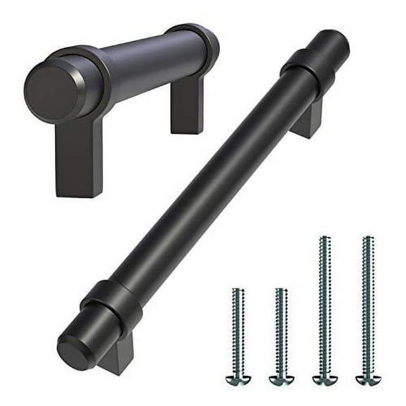 Alpine Hardware Solid Euro Style Bar Handle Pull | 5Pack ~ 3" Hole Center & 4 1/2" Length | Heavy Stainless Steel Banded T-Bar Pull with a Matte Black Finish | Cabinet Hardware