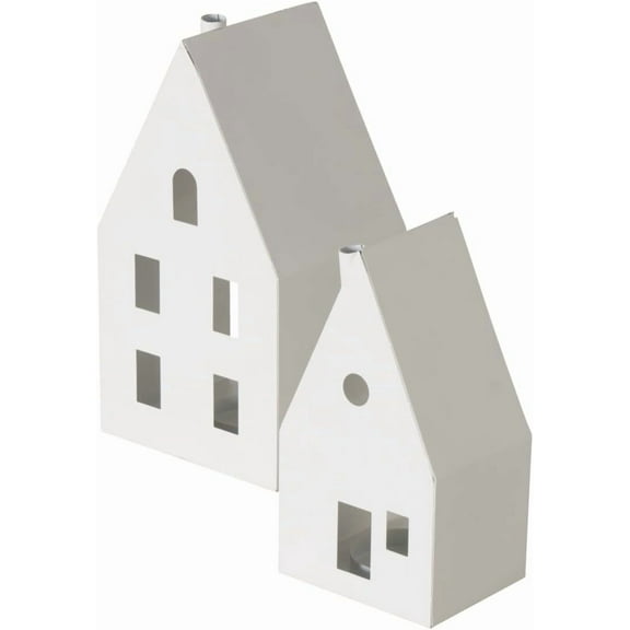 Alpine House Candle Lanterns, Chalet Style, Tea Light Holders, Set of 2, White Metal, 8.75 and 6.75 Inches