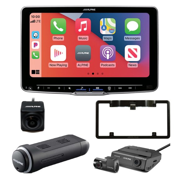 Alpine ILX-F509 Halo9 9" Multimedia Receiver with KTX-NS01 Nav Module, HCE-C1100 BU Camera w/ Frame, and DVR-C320R Alpine Dash Camera