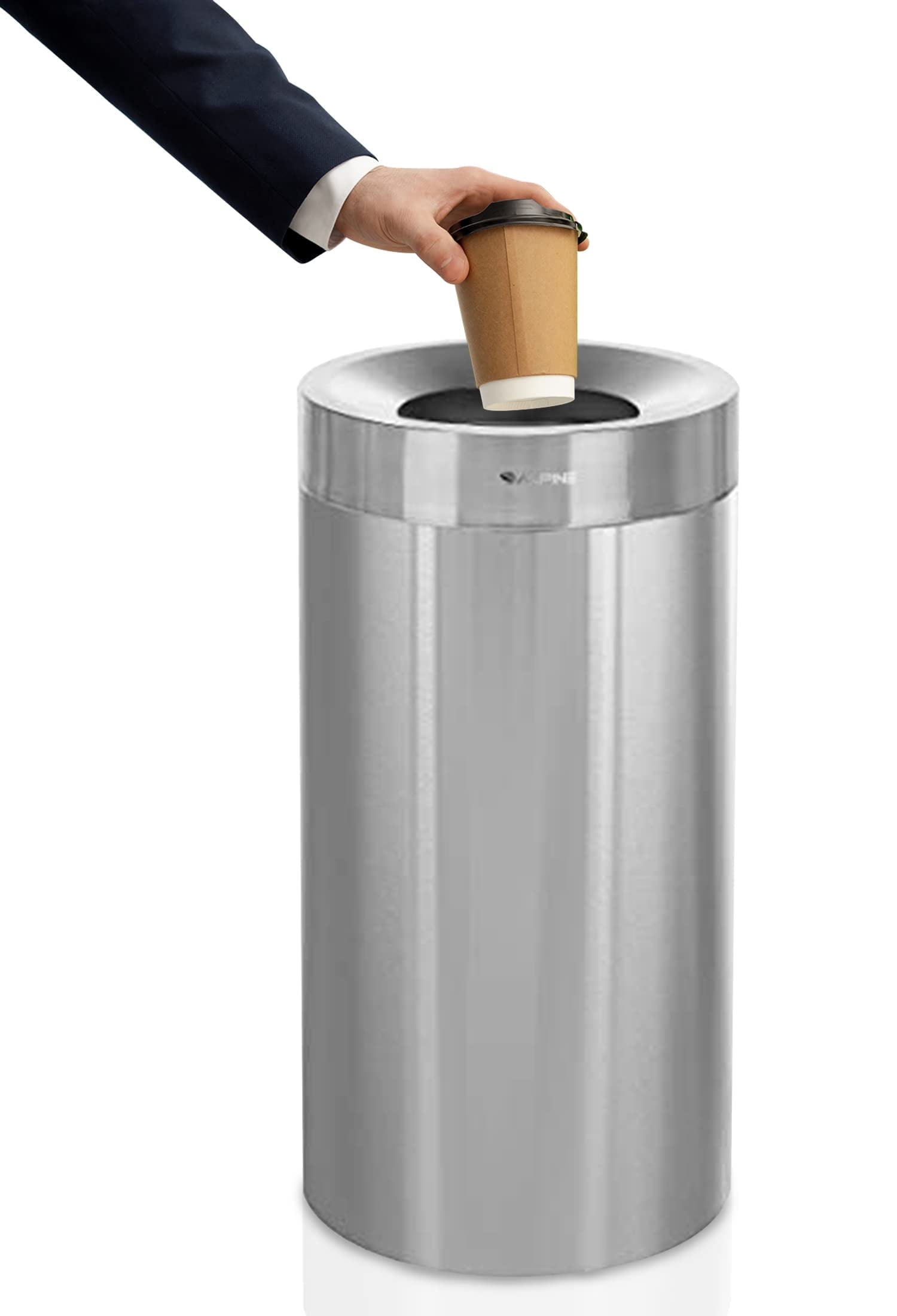 Alpine Industries 27 Gallon Stainless Steel Trash Can - Heavy Duty Indoor Garbage Bin - Corrosion Proof Waste Disposal for High-Traffic Areas