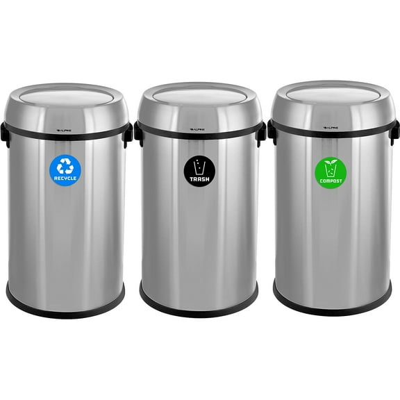Alpine Industries Three-Stream Trash/Compost/Recycling Station 51-Gallon Stainless Steel