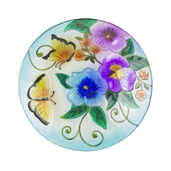 18" Glass Birdbath with Butterfly and Flowers Painted Finish