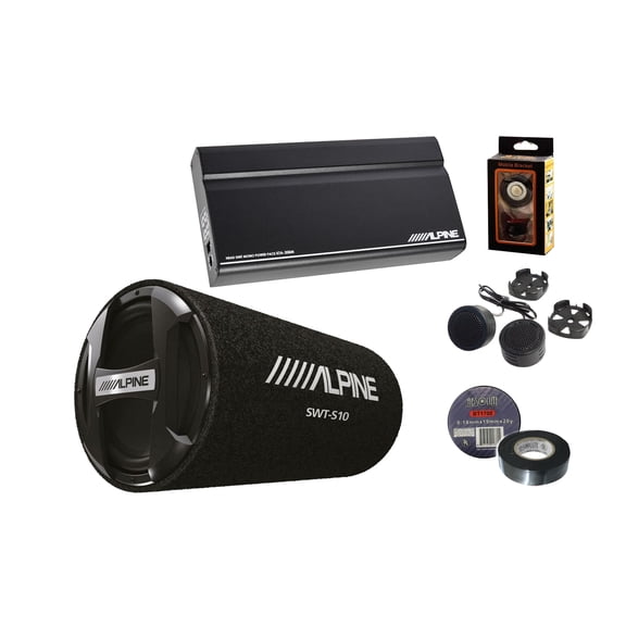 Alpine KTA-200M Amp & SWT-12S4 12" Tube Subwoofer & Tweeter & Tape & Bracket