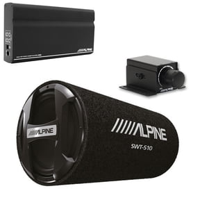 Alpine KTA-200M Mono Power Pack Amp, SWT-S10 10" Tube Subwoofer, Bass Knob