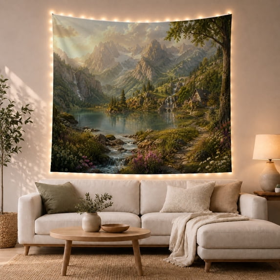 Alpine Lake Beneath Mountain Waterfalls and Trees, Peaceful Digital Art for Nature Lovers, Scenic Valley Decor, New Home Gift, Tapestry Wall Hanging for Living Room and Den