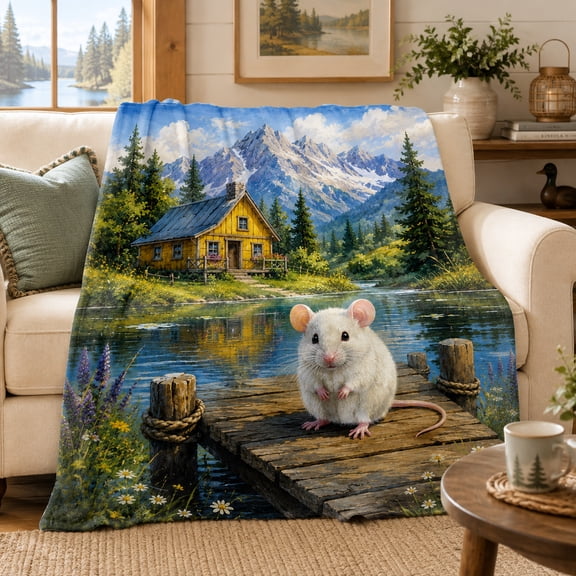 Alpine Lake Mouse Blanket with Mountain Cabin and White Mouse on Dock, Scenic Flannel Throw for Sofa, Bed, Reading Chair and Quiet Daily Rest, 30 x 40 in