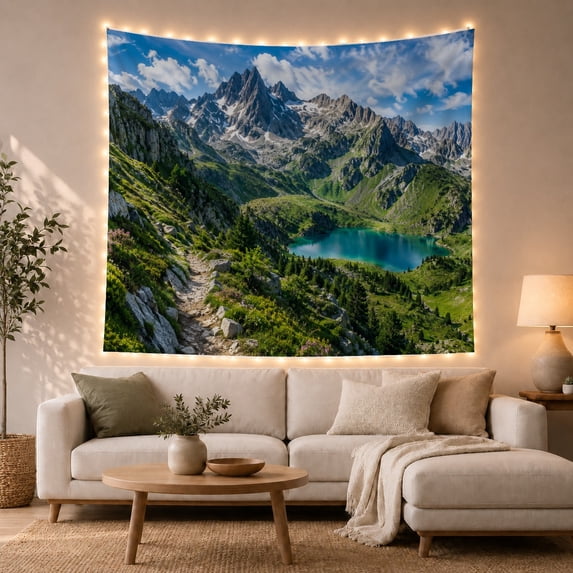 Alpine Lake in Rugged Mountain Wilderness, Serene Digital Art for Nature Lovers, Mountain Wall Art, Housewarming Gift, Tapestry Wall Hanging for Living Room and Study Room