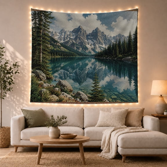 Alpine Lake Below Snowy Peaks with Pine Forest Reflections, Peaceful Illustration for Nature Lovers, Wilderness Art, Housewarming Gift, Tapestry Wall Hanging for Den and Dorm