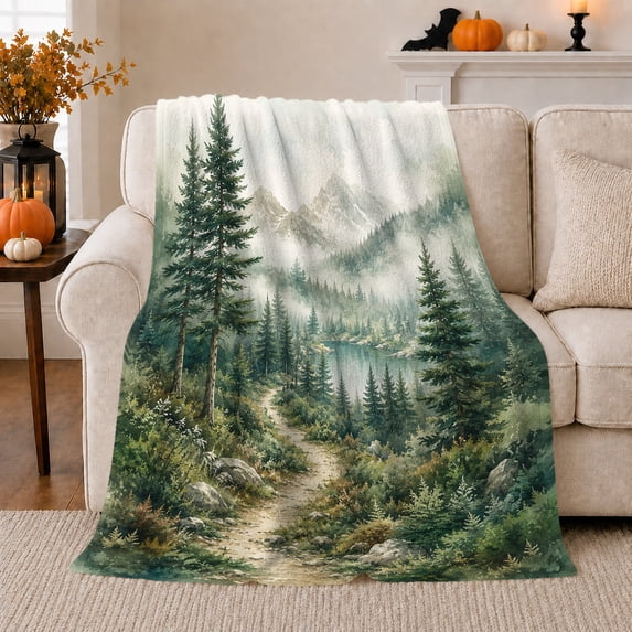 Alpine Lake Trail Pine Forest Flannel Blanket, Cozy Mountain Sofa Throw for Hikers, Warm Living Room Cabin Bedroom Home Decor, Birthday Christmas Gift for Outdoor Families