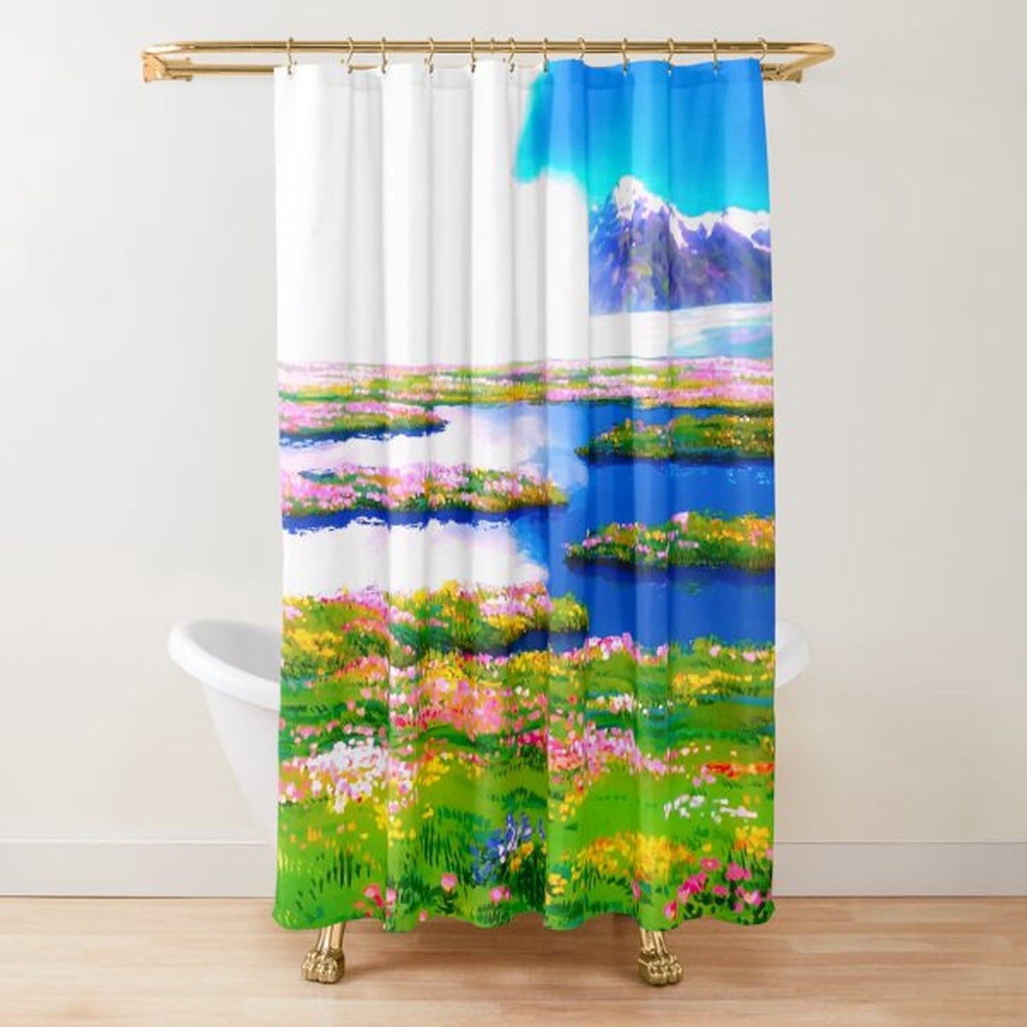 Alpine Lake and Wildflower Meadow Shower Curtain, Blue, Green and Pink ...