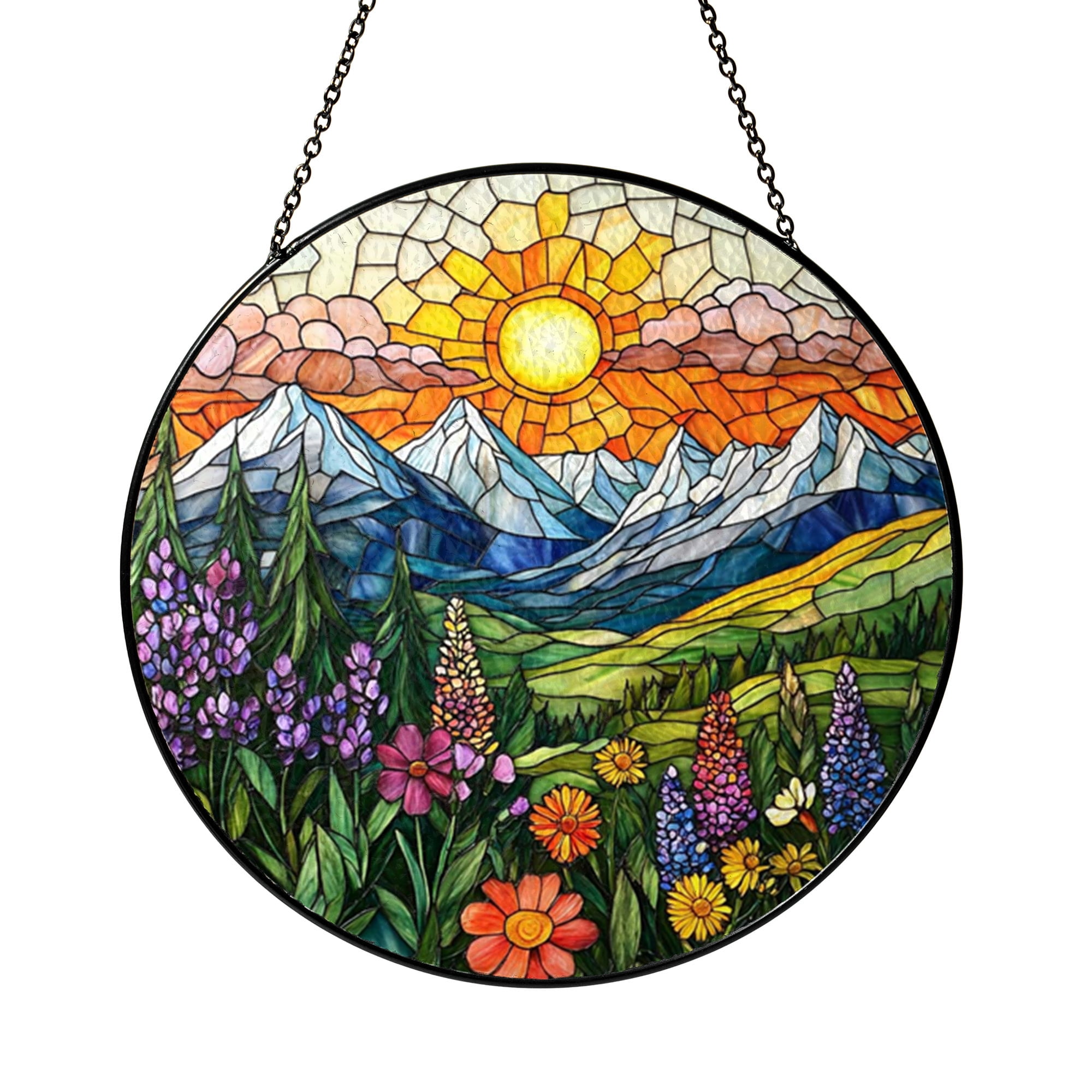 Alpine Landscape Stained Glass Style Window Suncatcher, Lupine Floral ...