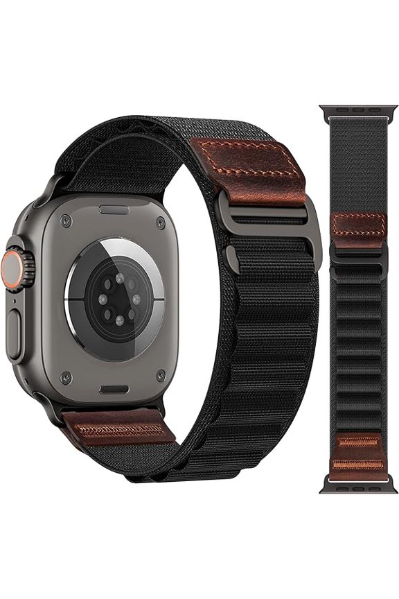 Alpine Loop with Leather Design Compatible with Apple Watch Bands Ultra 3 2 1 (49mm) & Series 11 10 9 8 7 6 5 4 SE 3 2 1 (46mm 45mm 44mm), Soft Stretchy Nylon Sport Band for iWatch Men Women