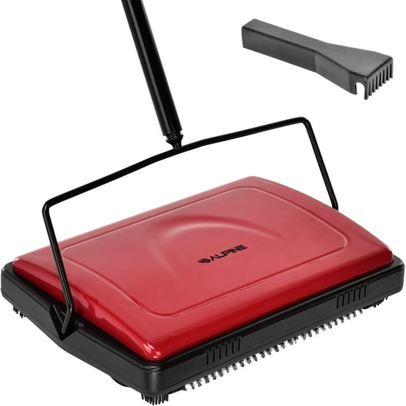 Alpine Manual Carpet Sweeper Triple Brush  Non Electric Multi-Surface Floor Cleaner Easy Sweeping for Carpeted Floors (Red -Updated)