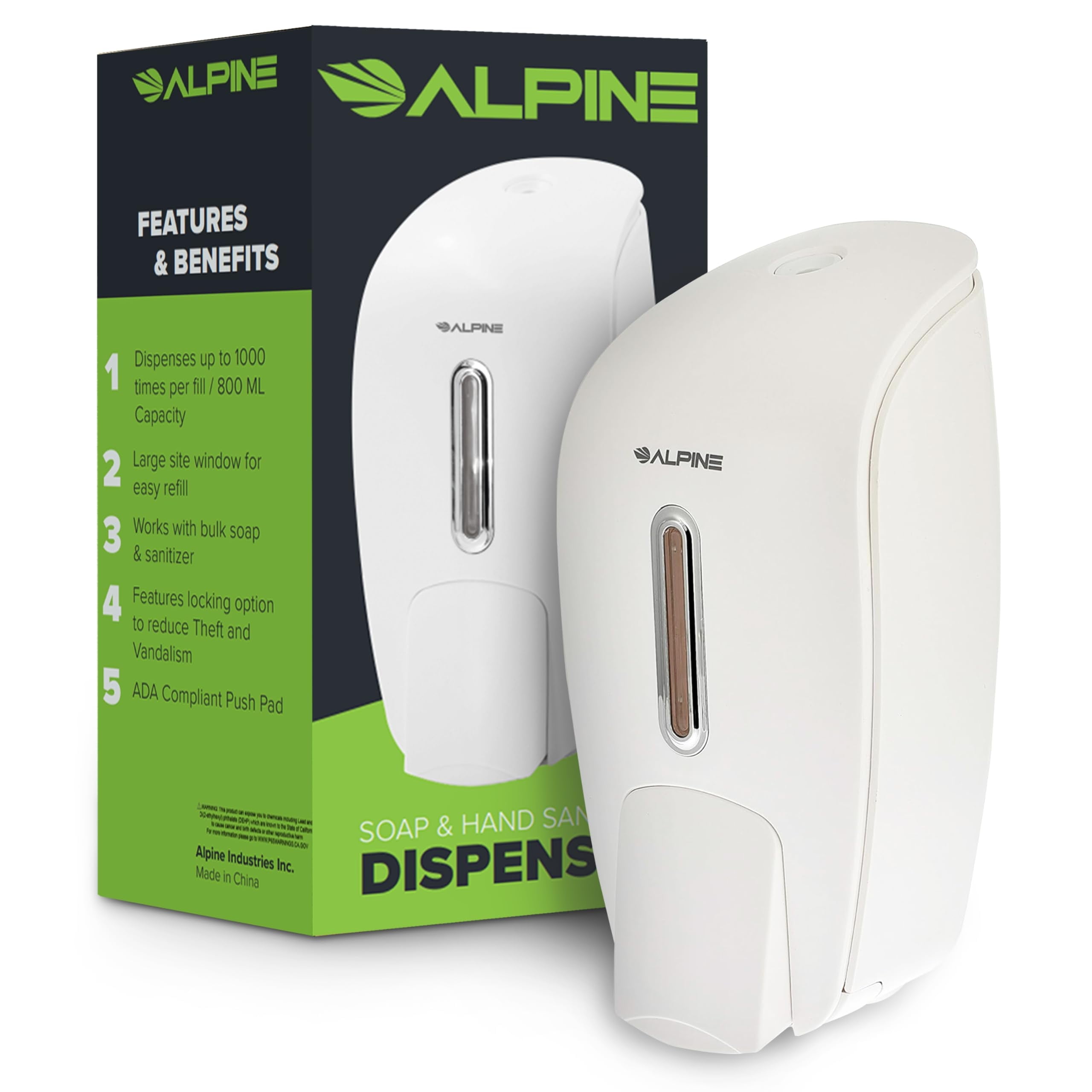 Alpine Manual Soap Dispenser Wall Mount - Commercial Soap Dispenser Wall Mounted for Liquid Soap & Hand Sanitizer Perfect for Bathroom, Kitchen, Refillable 800 ml Capacity (White)