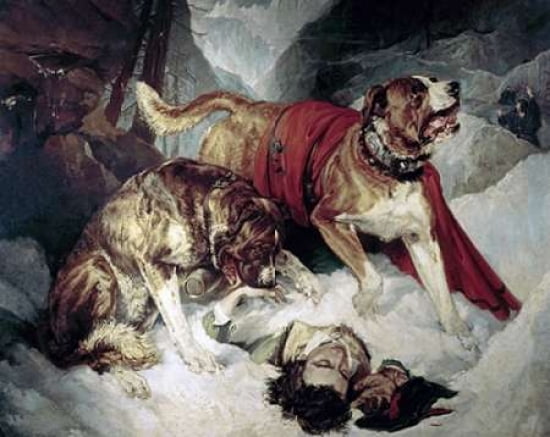 Alpine Mastiffs Reanimating a Distressed Traveller Canvas Art - Sir Edwin Landseer (24 x 30)