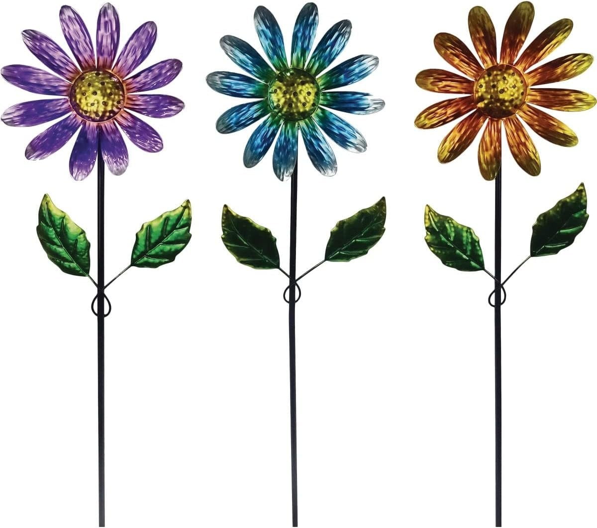 Colorful Metal Daisy Garden Stakes, 32-Inch, Set of 3