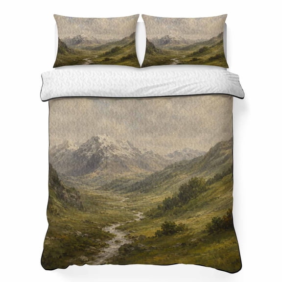 Alpine Mountain 3 Piece Quilt Bedding Set with 2 Pillow Shams, Green Grassy Valley Rock Ridge Rustic Shabby Chic Lightweight Bedspread Coverlet, Soft Breathable All Season Quilt, 96 x 106 Inch