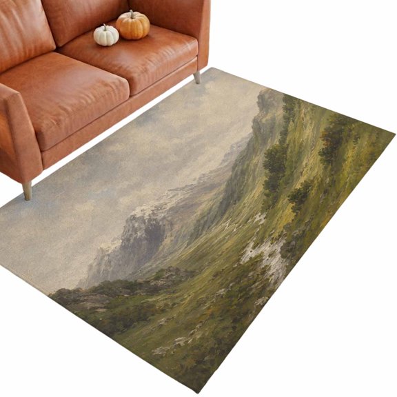 Alpine Mountain 3'x5' Entryway Rugs for Bedroom Foot of Bedside Small Living Room, Green Grassy Valley Rock Ridge Rustic Shabby Chic Washable Mats Non Slip Rectangle Area Rug