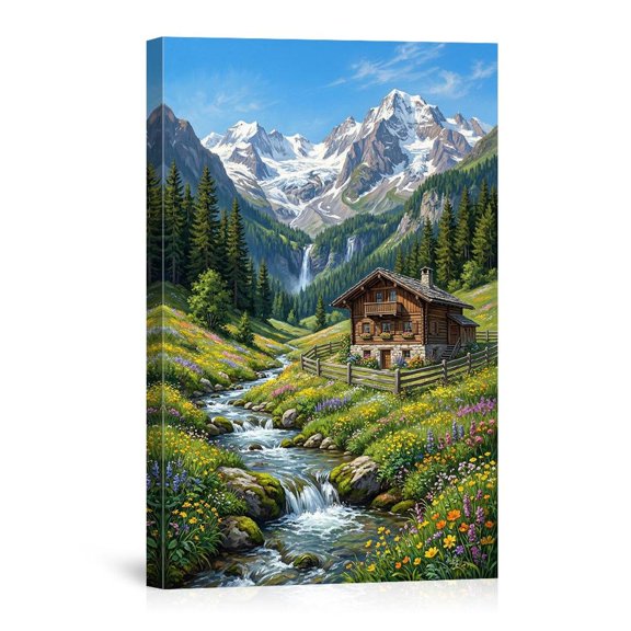 Alpine Mountain Cabin By Stream With Wildflowers Landscape For Home Canvas