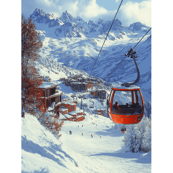 Alpine Mountain Cable Car Canvas Art Print Suitable for Living RoomHotel Ski Lodge Decoration