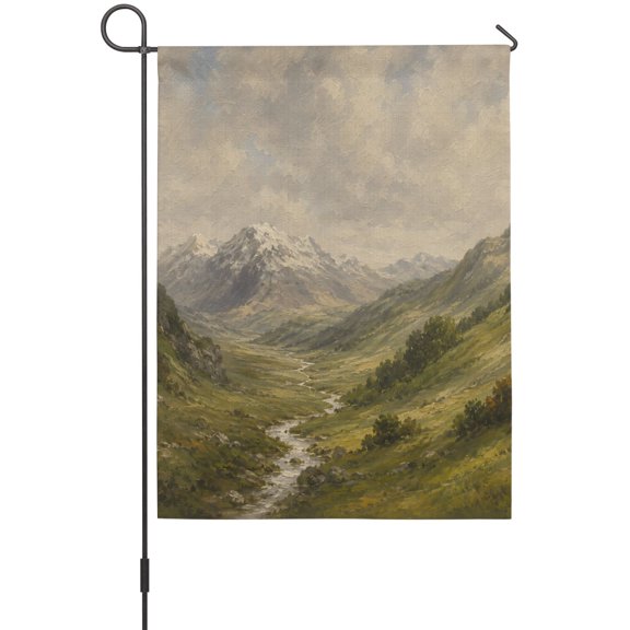 Alpine Mountain House Flag 28 x 40 Inches, Green Grassy Valley Rock Ridge Rustic Shabby Chic Weather Proof Outdoor Patio Flags Double Sided Small House Decoration for Yard Lawn Outside Home