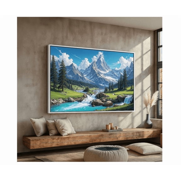 Alpine Mountain Landscape Wall Art Snowy Peaks Waterfalls & River Nature Poster Rustic Cabin And Lodge Decor