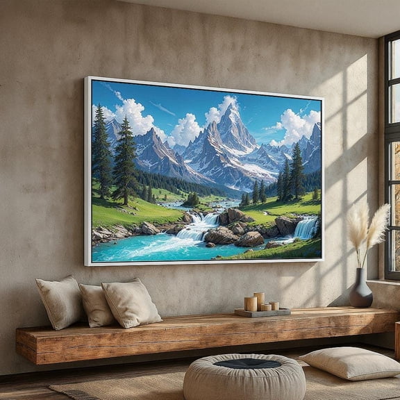 Alpine Mountain Landscape Wall Art Snowy Peaks Waterfalls & River Nature Poster Rustic Cabin And Lodge Decor