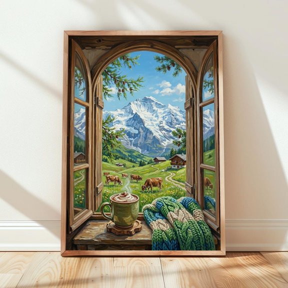 Alpine Mountain Meadow Print Open Window Poster Style Grazing Cows Landscape Aesthetic Dopamine Farmhouse Decor Wall Art261