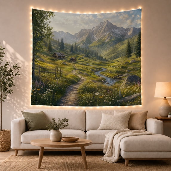 Alpine Mountain Meadow in Wildflower Valley, Peaceful Digital Art for Nature Lovers, Wilderness Wall Art, Housewarming Gift, Tapestry Wall Hanging for Bedroom and Living Room
