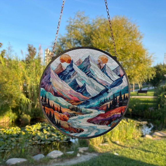 Alpine Mountain Range Painted Stained Glass Suncatcher, Window Hanging Decor, Outdoor Sun Catcher Decor, Mirrorball Wall Decor