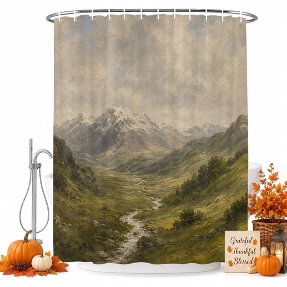 Alpine Mountain Shower Curtain for Bathroom, Green Grassy Valley Rock Ridge Rustic Shabby Chic Waterproof Cloth Fabric Bathroom Accessories Set with 12 Rust Proof Plastic Hooks, 72"x96"