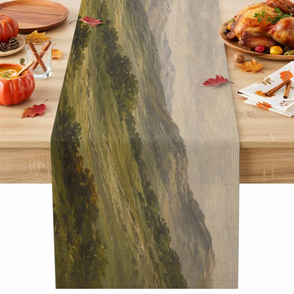 Alpine Mountain Table Runner 13x36 Inch Green Grassy Valley Rock Ridge Rustic Shabby Chic Cotton Linen Dining Table Runner Ideal for Dresser Kitchen Coffee Tables - Machine Washable