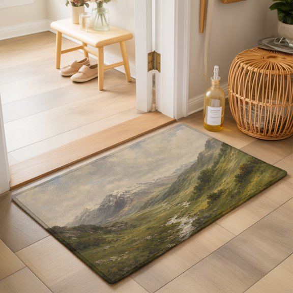 Alpine Mountain Washable Small Entryway Area Rugs 2'x3', Green Grassy Valley Rock Ridge Rustic Shabby Chic Washable Throw Rug Non-Slip Sturdy Edge Binding Carpet for Front Door Floor Room Entry