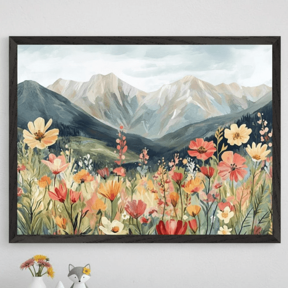 Alpine Mountains Impressionist Wall Art, Wildflower Meadow Poster, Unframed Paper Poster 8x10in