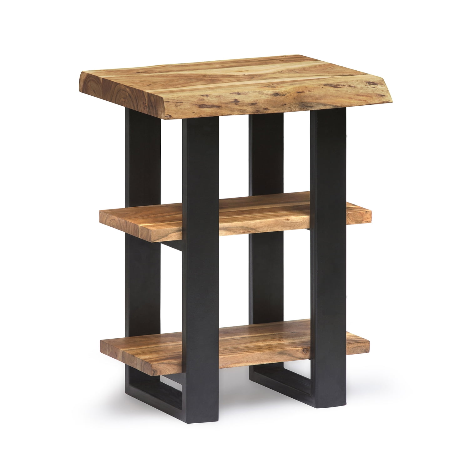 Alpine Natural Acacia Wood and Black Metal 2-Shelf End Table