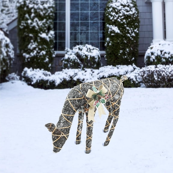 Alpine Natural Twig Wrapped Rattan Grazing Deer w/Warm White LED