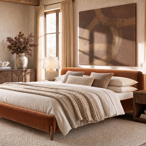 Alpine Puffy Modern Platform Bed, King, Burnt Orange Performance Velvet