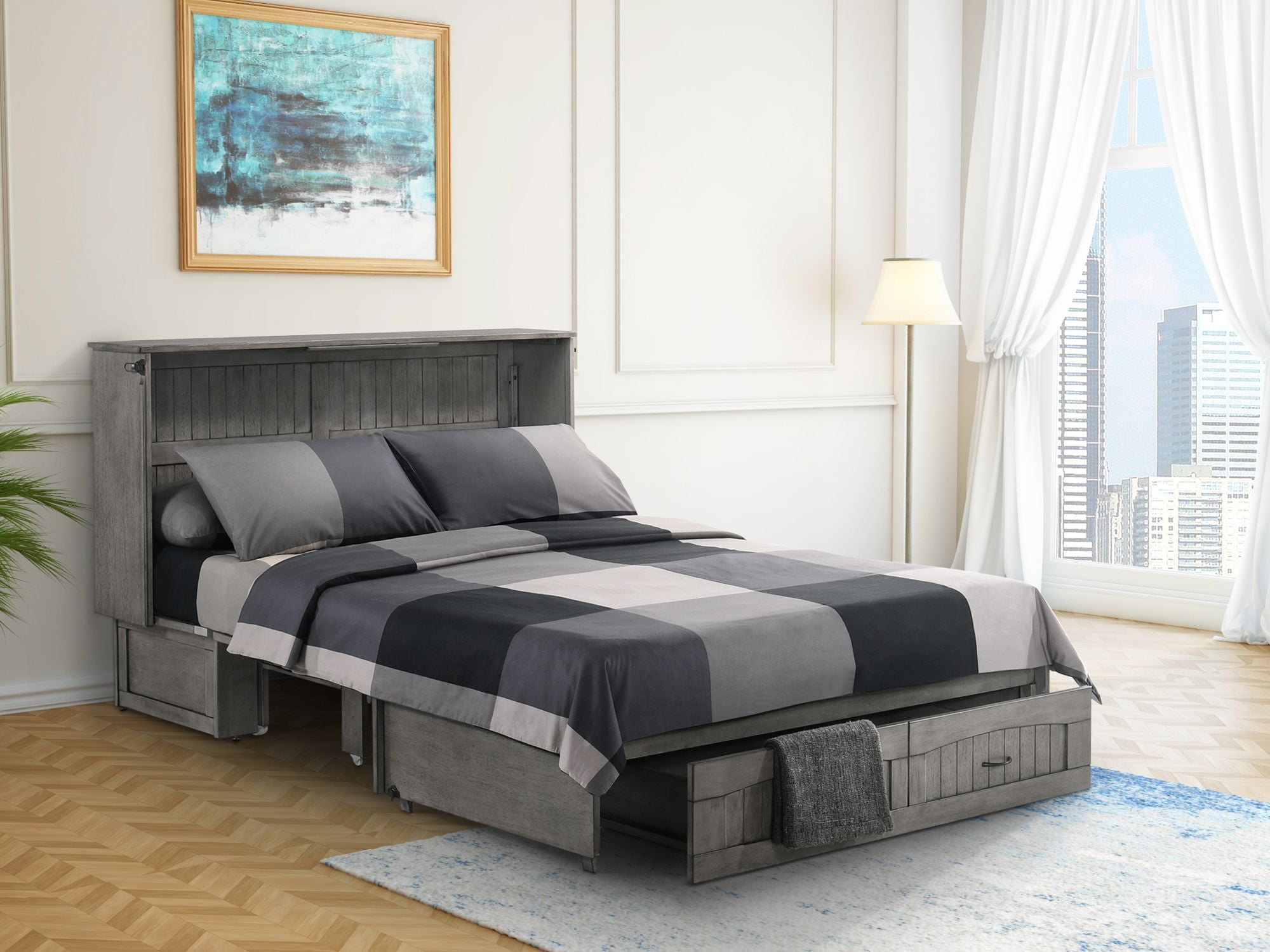 Alpine Rustic Gray Queen Murphy Bed Cabinet with USB & Storage