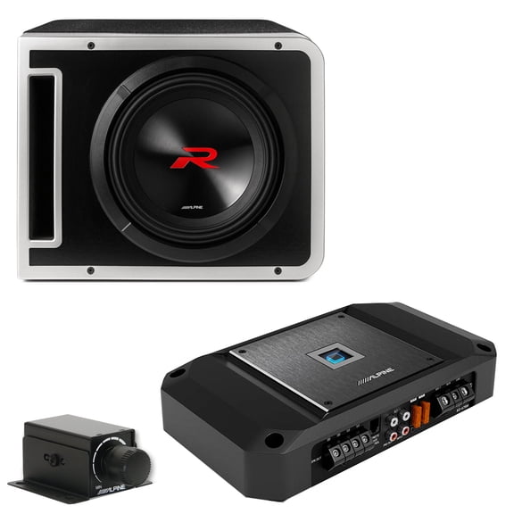 Alpine R2-SB10V 10-inch R-Series Halo Preloaded Sub Enclosure with ProLink w/ R2-A75M Amp, Rux Knob Bundle