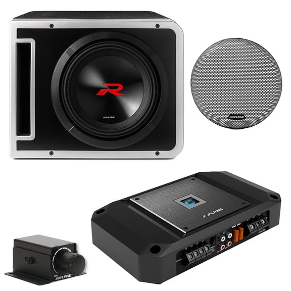 Alpine R2-SB10V 10-inch R-Series Halo Preloaded Sub Enclosure with ProLink w/ R2-A75M Amp, Rux Knob & Grill Bundle