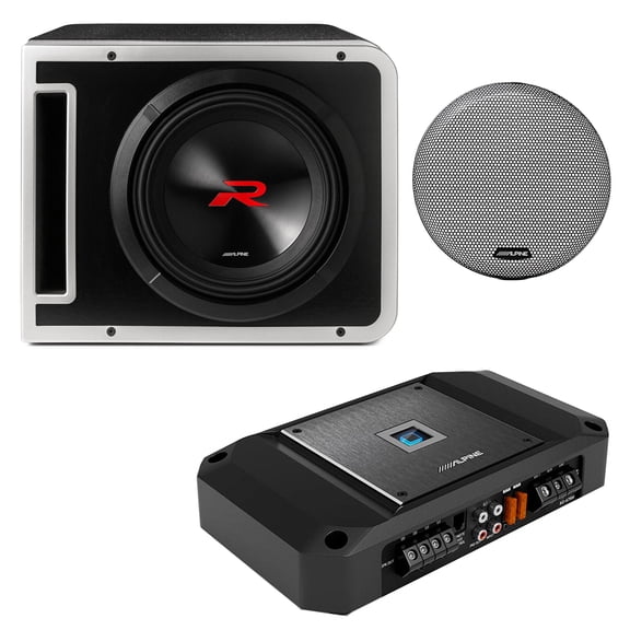 Alpine R2-SB10V 10-inch R-Series Halo Preloaded Subwoofer Enclosure with ProLink w/ R2-A75M Amp & Grill Bundle