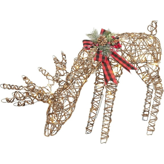 Alpine Rattan Grazing Reindeer with Bow and LED Lights Décor