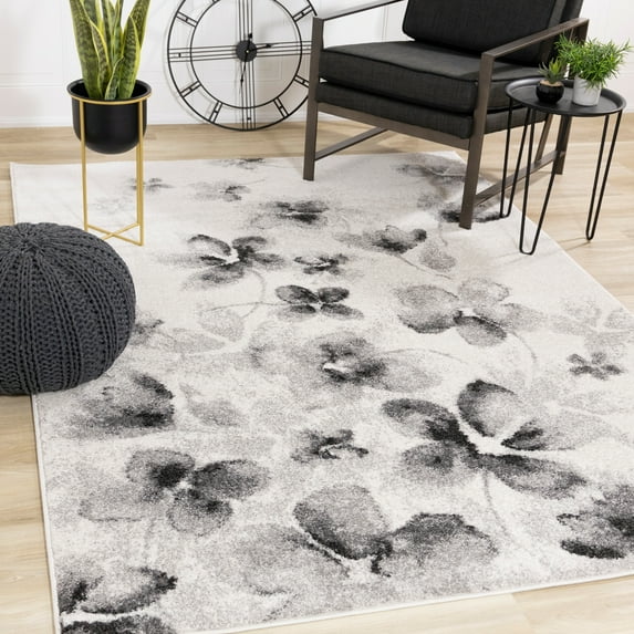 Northside Decor White Grey Neutral Flowers Frieze Area Rug 7'10" x 10'6"