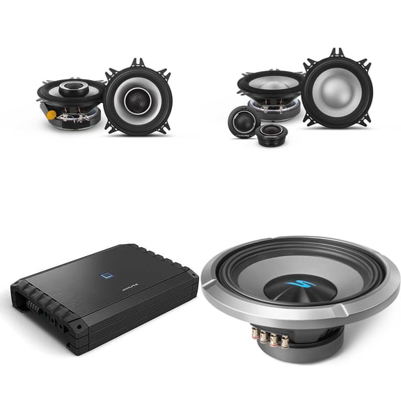 Alpine S2-A55V S-Series Class-D 5-Channel Amplifier, Hi-Res Certified, 40W x 4 + 200W x 1 @ 4 , 60W x 4 +300W x 1 @ 2 w/ S2-S40C 4" Comp. & S2-S40 4" Coaxial, S2-W12D4 12" Bundle